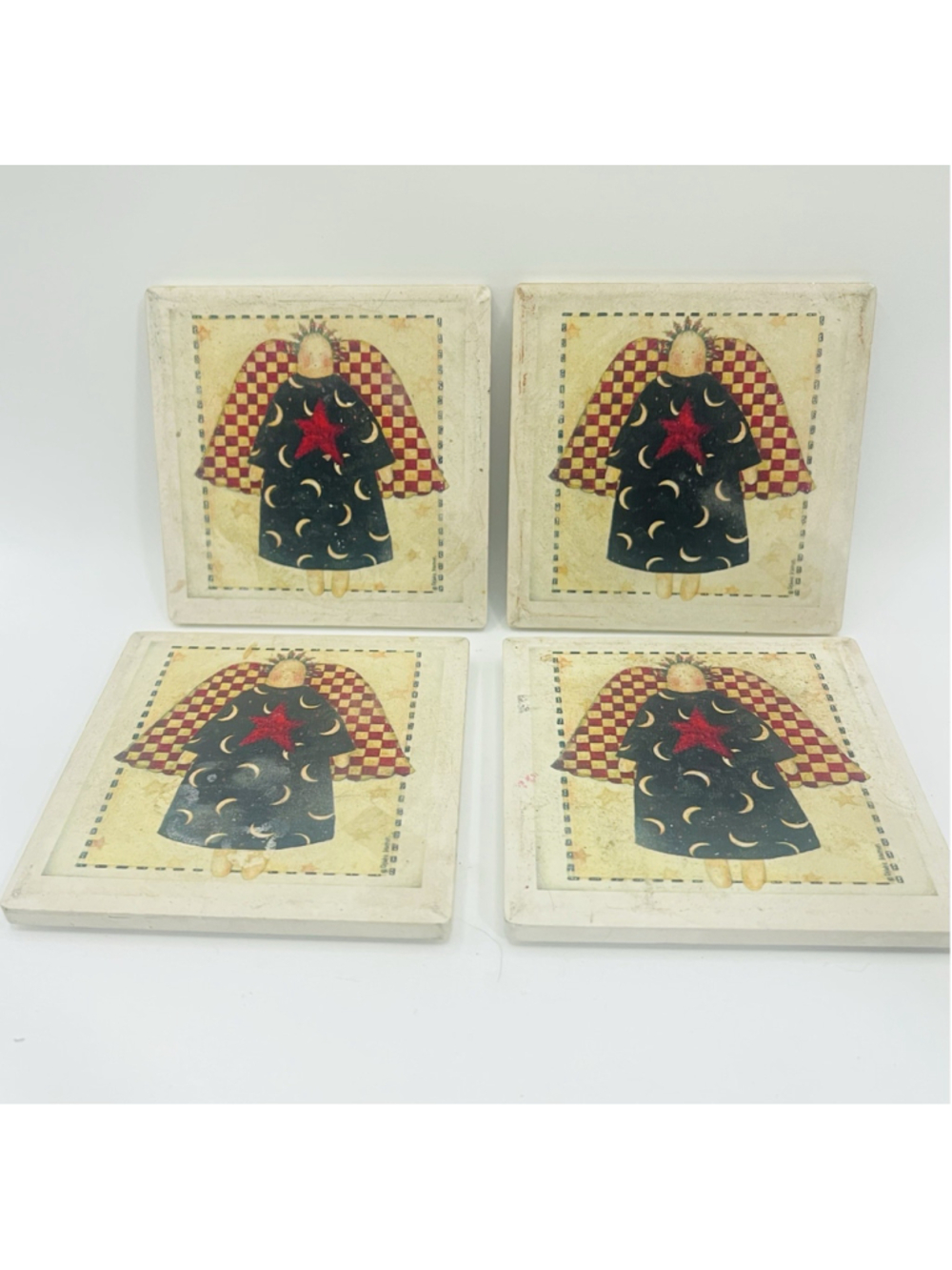 Vtg Debbie Mumm Primitive Angel Stone Coasters Set of 4 Country Folk Americana